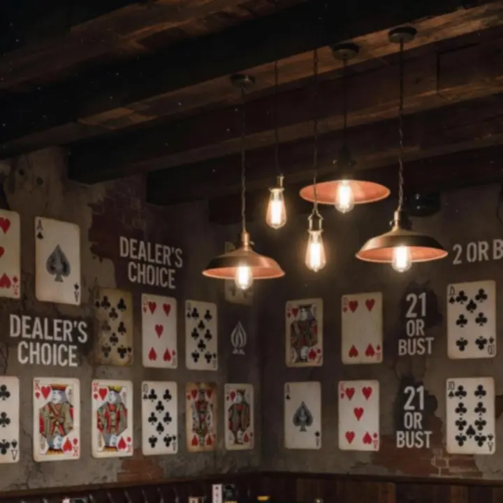Szczegóły oświetlenia i dekoracji blackjack w restauracji w ciemnym, grunge’owym stylu