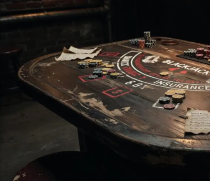 Strefa stołów blackjack w grunge’owym, retro wystroju restauracji