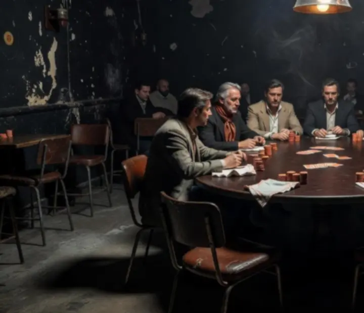 Centralny, grunge’owy stół pokerowy w restauracji Kragolunesta z gośćmi przy kartach i chipsach punktowych.
