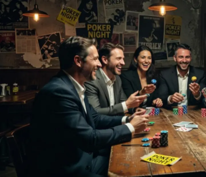 Zespół firmowy przy stole pokerowym podczas integracyjnego wieczoru w restauracji Kragolunesta.