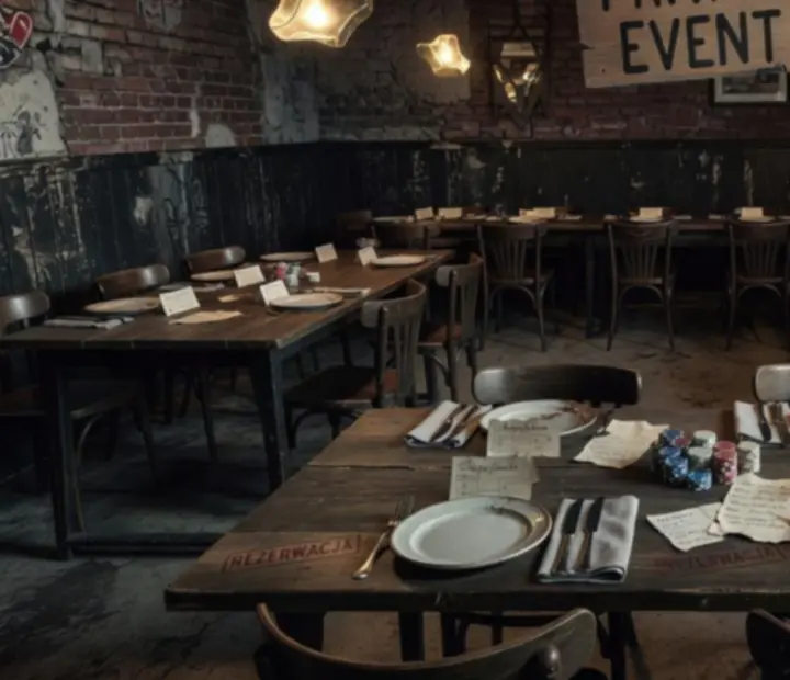 Stoły przygotowane na prywatną rezerwację w restauracji Kragolunesta z klimatycznym oświetleniem i industrialnym wystrojem.