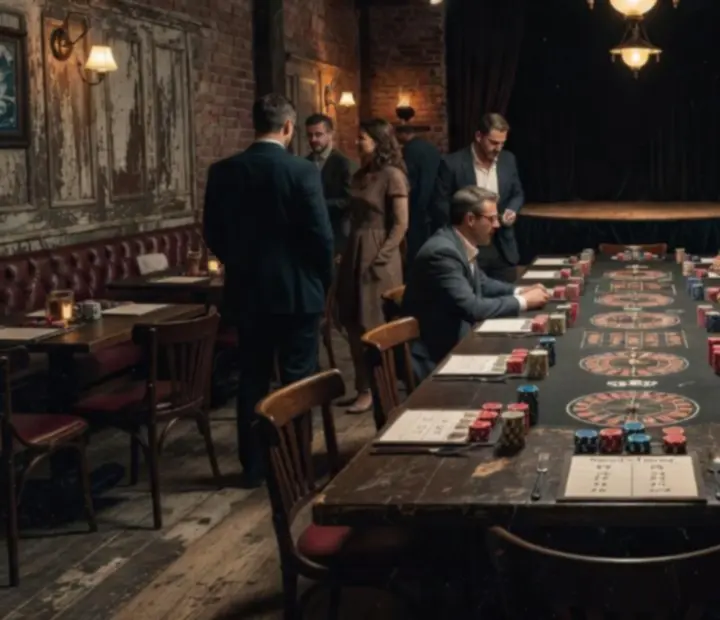 Scena z prywatnym wieczorem w undergroundowej restauracji Kragolunesta, przydymione światło i stoły przygotowane na formaty stołowe bez stawek.