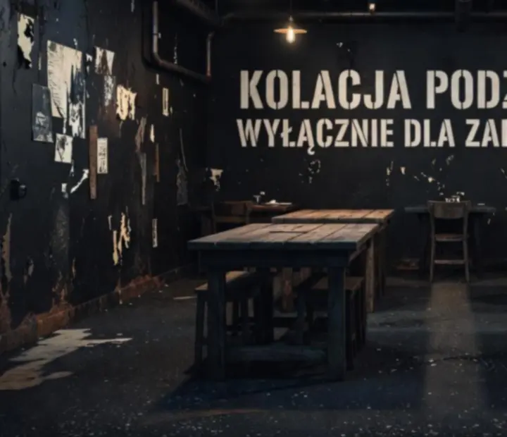 Centralna, przyciemniona sala restauracyjna Kragolunesta z industrialnym wykończeniem i stołami przygotowanymi na wieczór tematyczny.