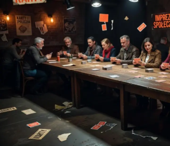 Sceniczne ustawienie stołów w przyciemnionej sali Kragolunesta z teatralnym oświetleniem.