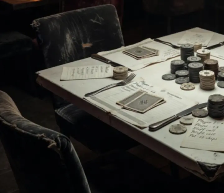 Stół pokerowy w grunge’owym klimacie z kartami, chipsami punktowymi i nastrojowym światłem.