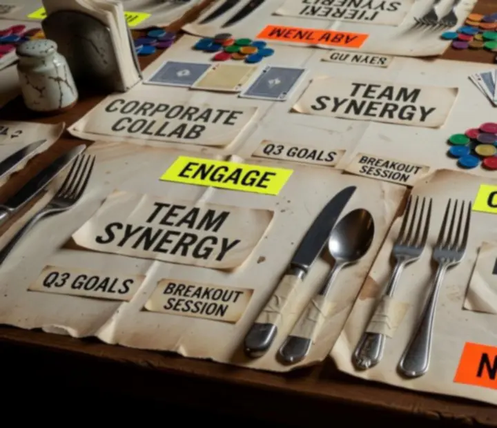 Stół eventowy w restauracji Kragolunesta z tematyczną dekoracją, naklejkami i stemplami
