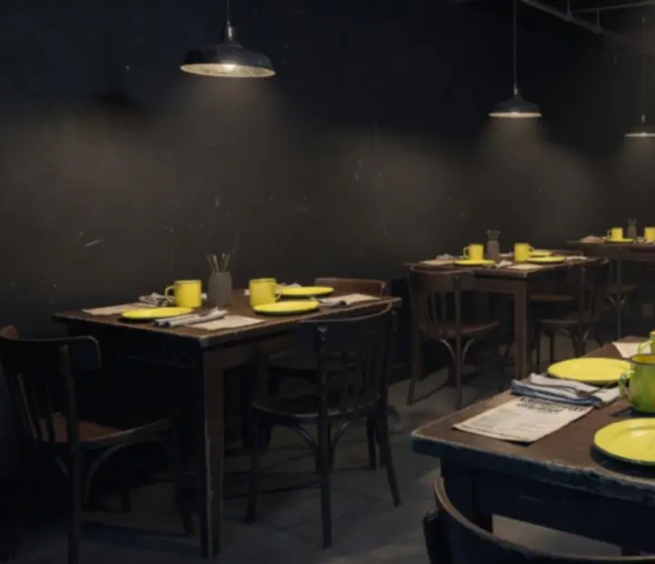 Grunge'owe wnętrze restauracji Kragolunesta z długimi stołami i industrialnym światłem
